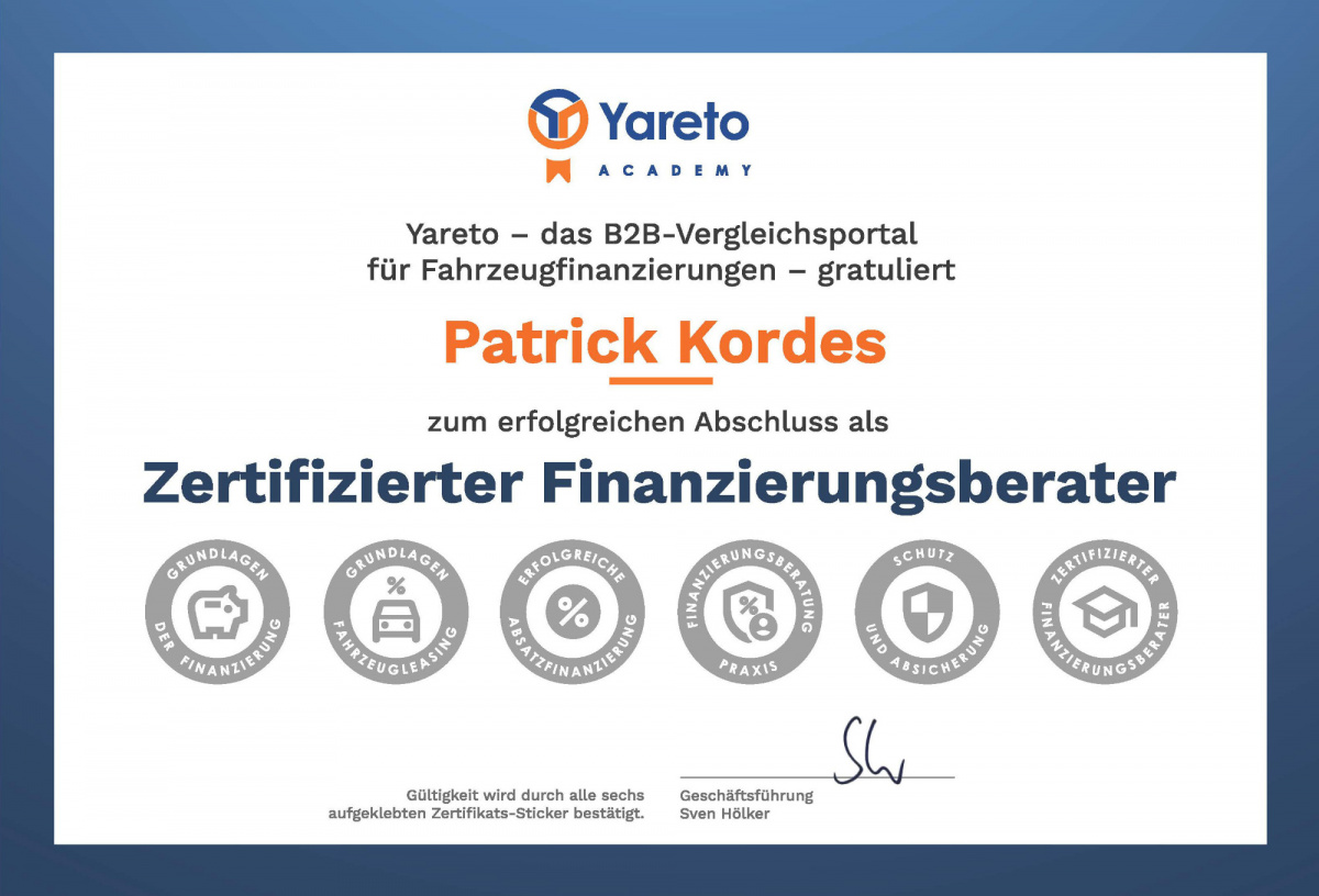 Zertifikat: Patrick Kordes ist zertifizierter Finanzierungsberater der Yareto Academy