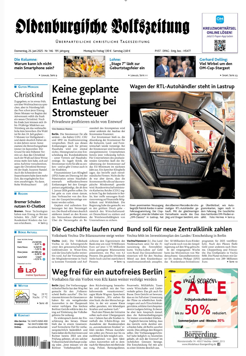 Titelseite der Oldenburgischen Volkszeitung mit dem Hinweis auf den Wagen der RTL-Autohändler bei OM-Classics in Lastrup.