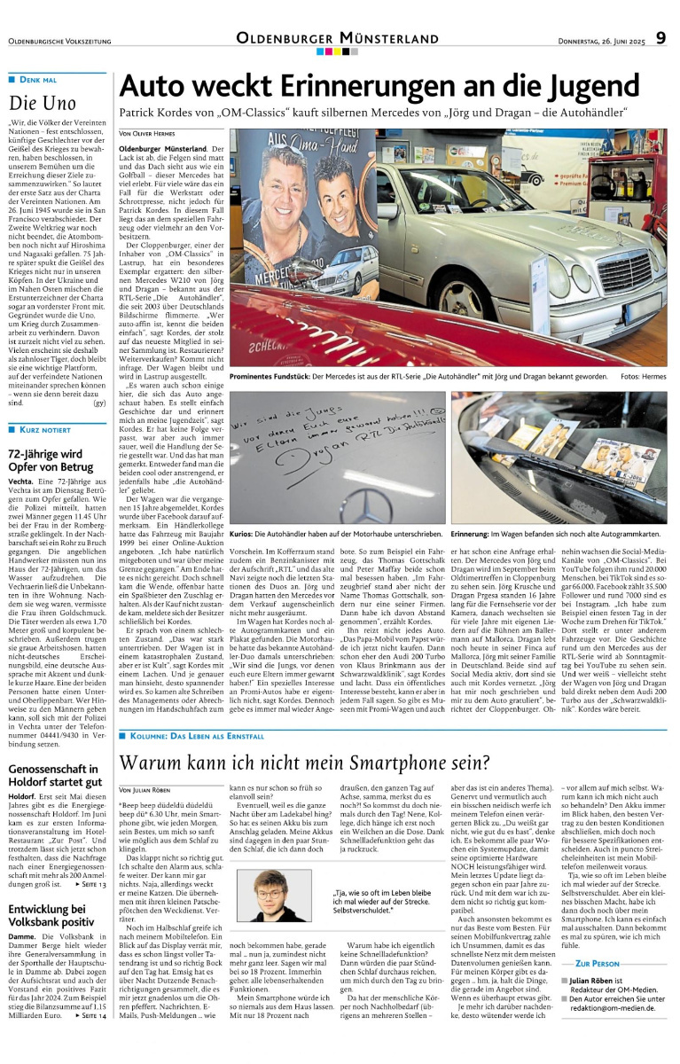 Zeitungsbericht: Patrick Kordes von OM-Classics kauft einen silbernen Mercedes von „Jörg und Dragan – die Autohändler“.