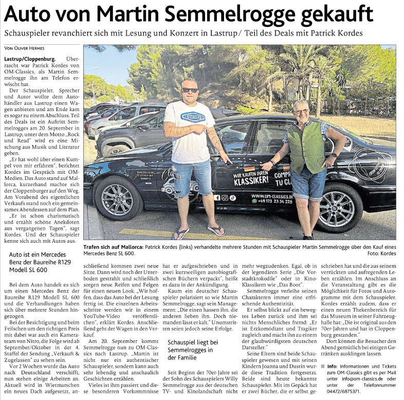 Zeitungsbericht über den Ankauf eines Mercedes-Benz SL 600 von Schauspieler Martin Semmelrogge durch OM-Classics.