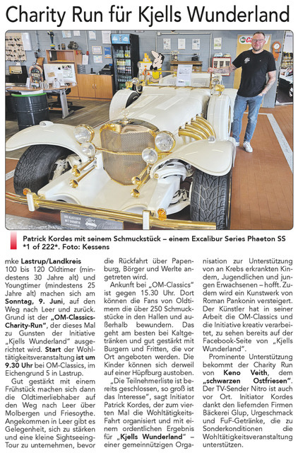 Bericht über den Oldtimer-Charity-Run von OM-Classics zugunsten der Initiative „Kjells Wunderland“, mit Patrick Kordes vor einem Excalibur Phaeton.