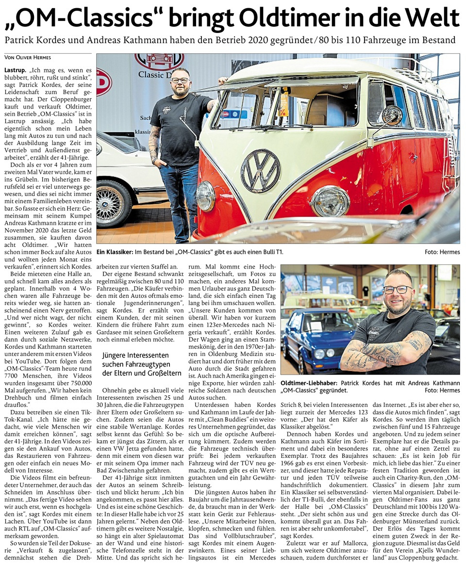 Porträtbericht zur Gründung von OM-Classics 2020 durch Patrick Kordes und Andreas Kathmann, mit einem VW Bulli T1 im Bestand.