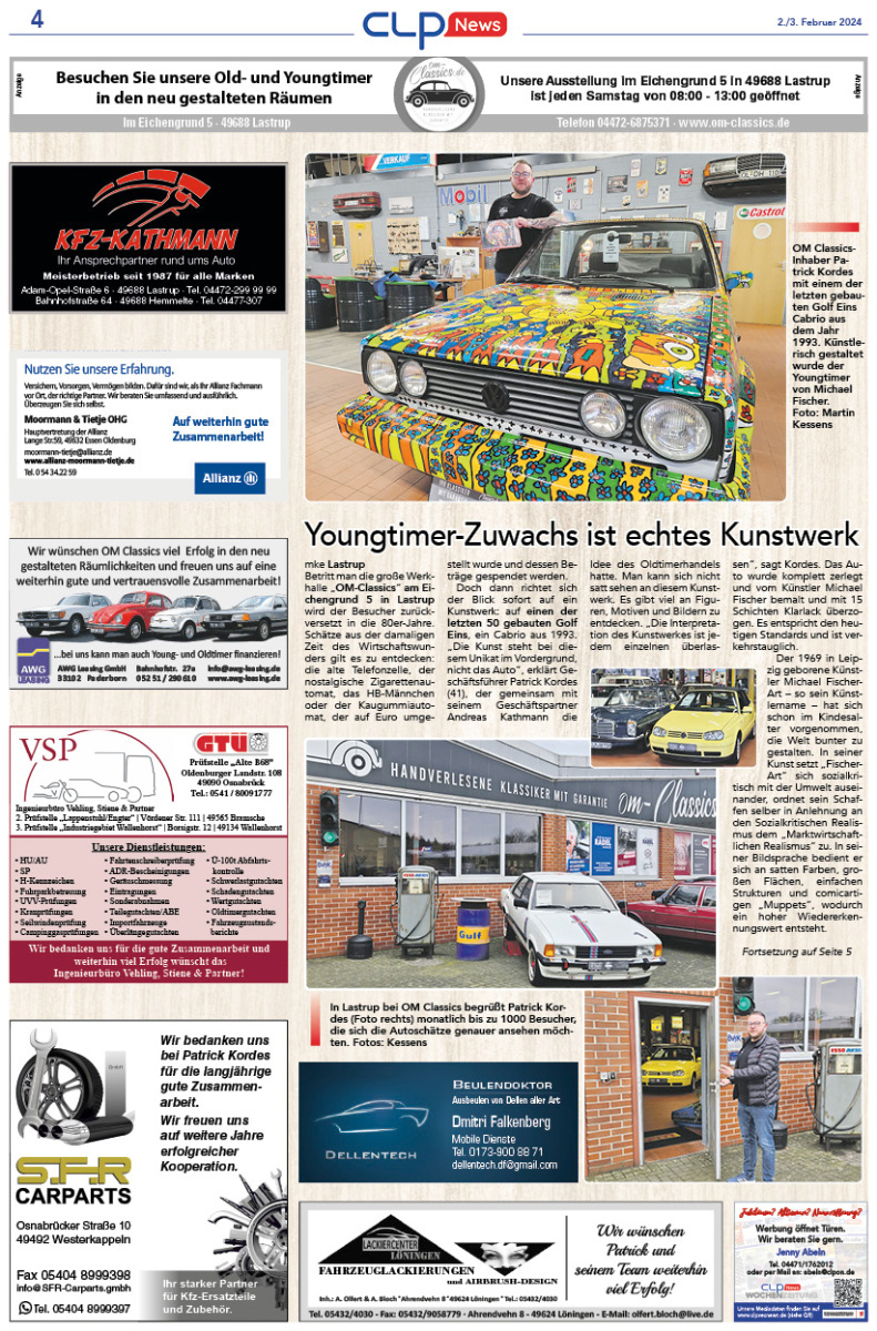 Zeitungsbericht über einen kunstvoll lackierten Youngtimer im Showroom von OM-Classics.