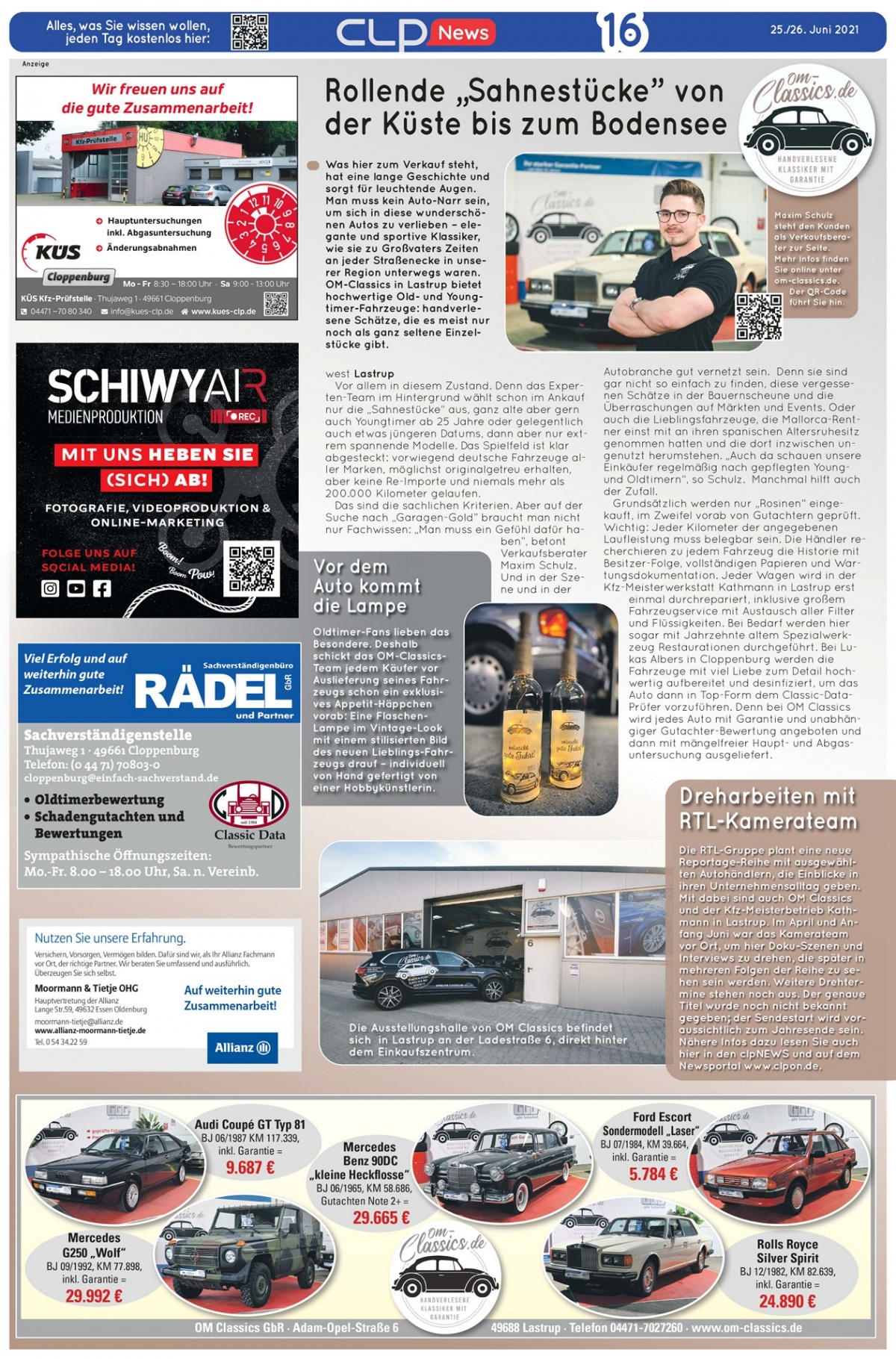 Bericht über die Oldtimer-Auswahl von OM-Classics, die Kundinnen und Kunden von der Küste bis zum Bodensee anzieht.