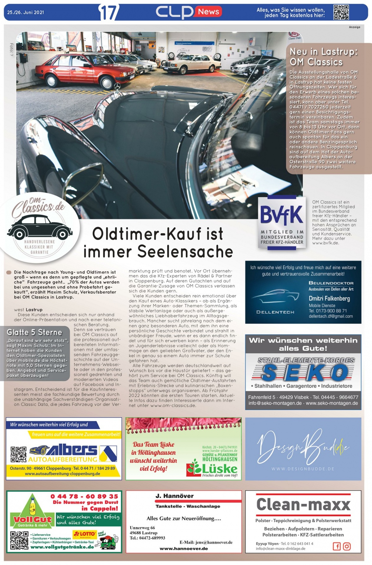Zeitungsbericht über den Klassiker-Handel von OM-Classics unter dem Titel „Oldtimer-Kauf ist immer Seelensache“.