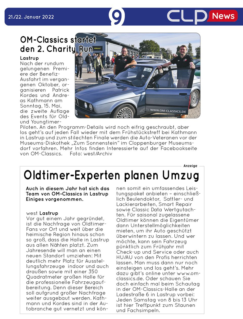 Zeitungsbericht über die zweite Auflage des Charity Runs von OM-Classics mit Patrick Kordes und Andreas Kathmann.
