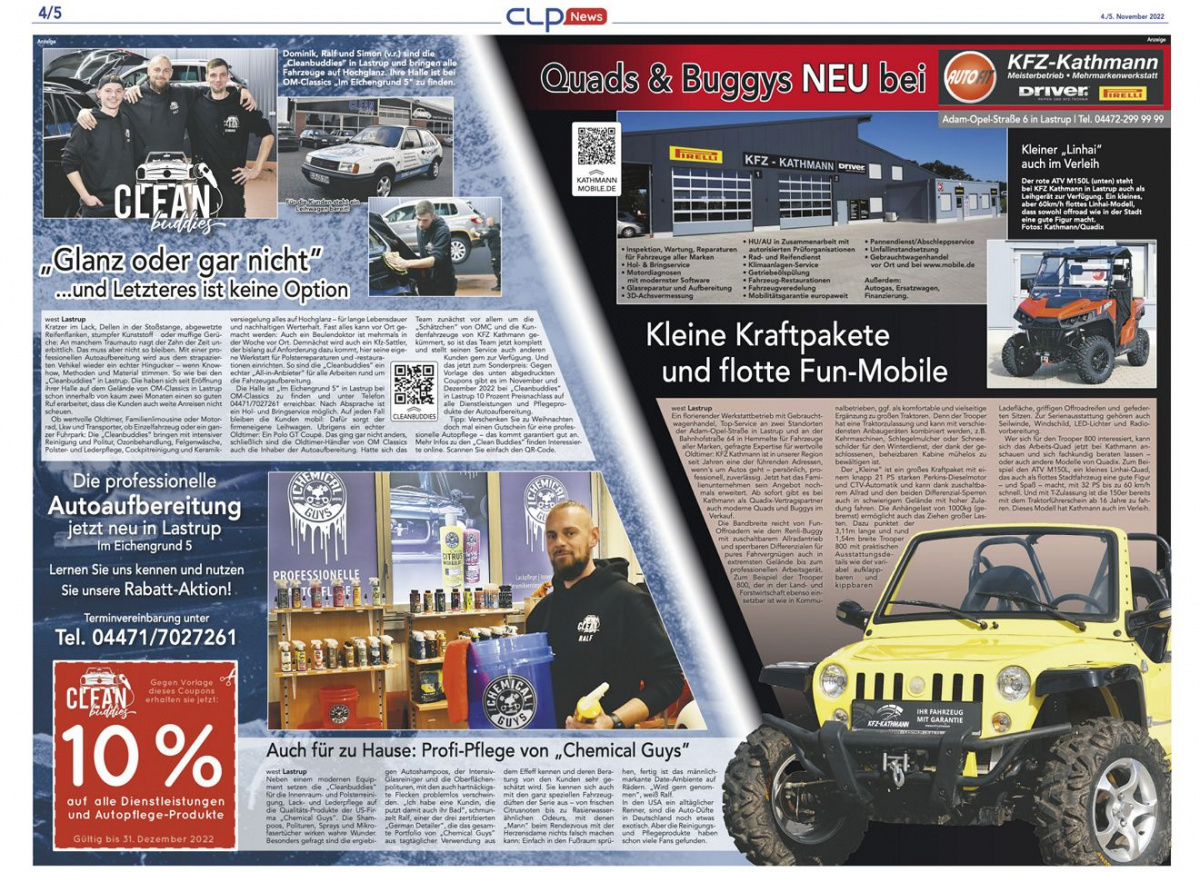 Doppelseitiger Bericht über Quads und Buggys sowie die Fahrzeugaufbereitung im Umfeld von OM-Classics in Lastrup.